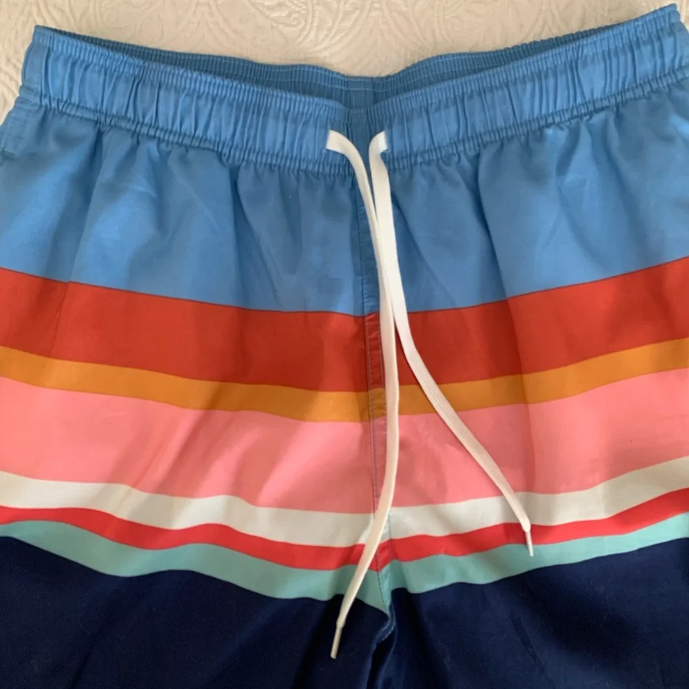 Goodfellow & Co Swim Shorts Men Size M Blue White Pink Stripes Pocket Drawstring